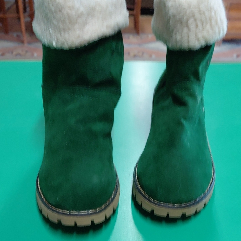 Green Suede Ankle Boots with Faux Shearling Trim